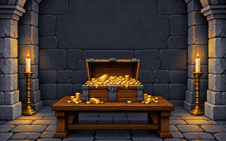 A vault with an open chest of gold on a table.